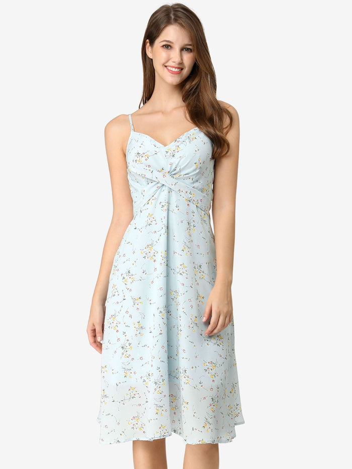 allegra k Floral Twist Front Knee Length Summer Adjustable Strap Dress