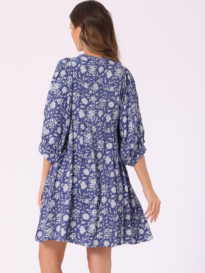 Allegra K Floral V Neck 3/4 Sleeve Casual Mini Flare Dress