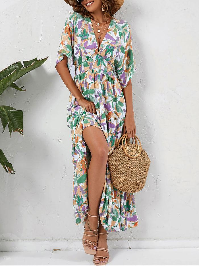 Allegra K Floral V Neck Bat Sleeves Tiered Maxi Dress