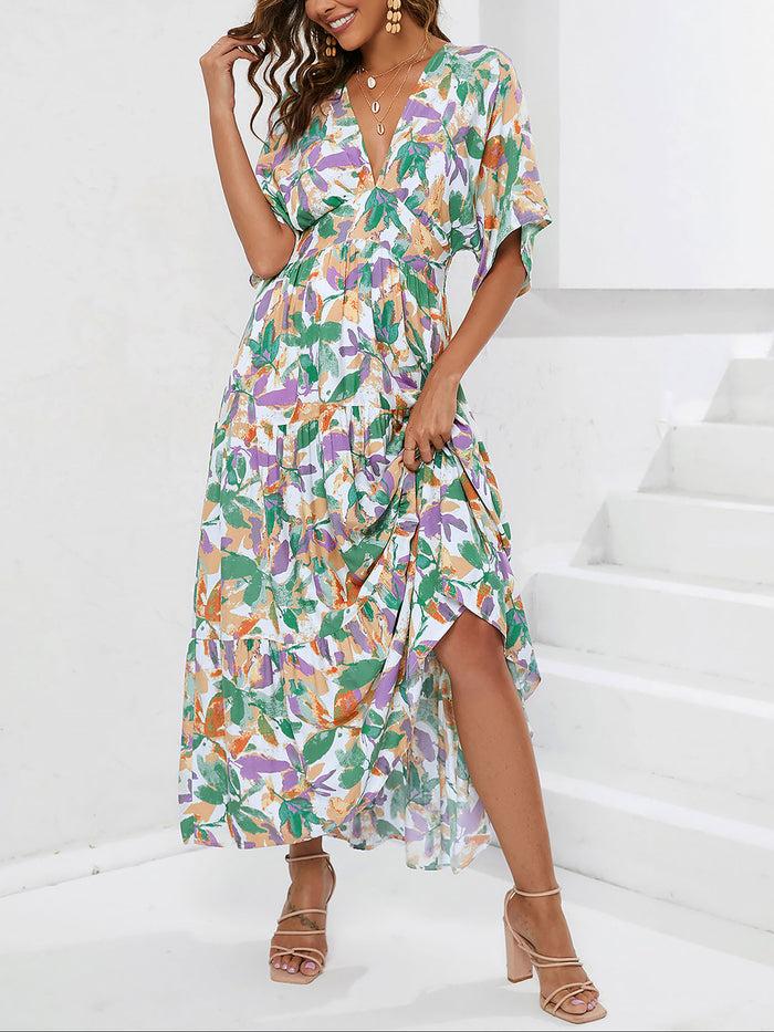 Allegra K Floral V Neck Bat Sleeves Tiered Maxi Dress