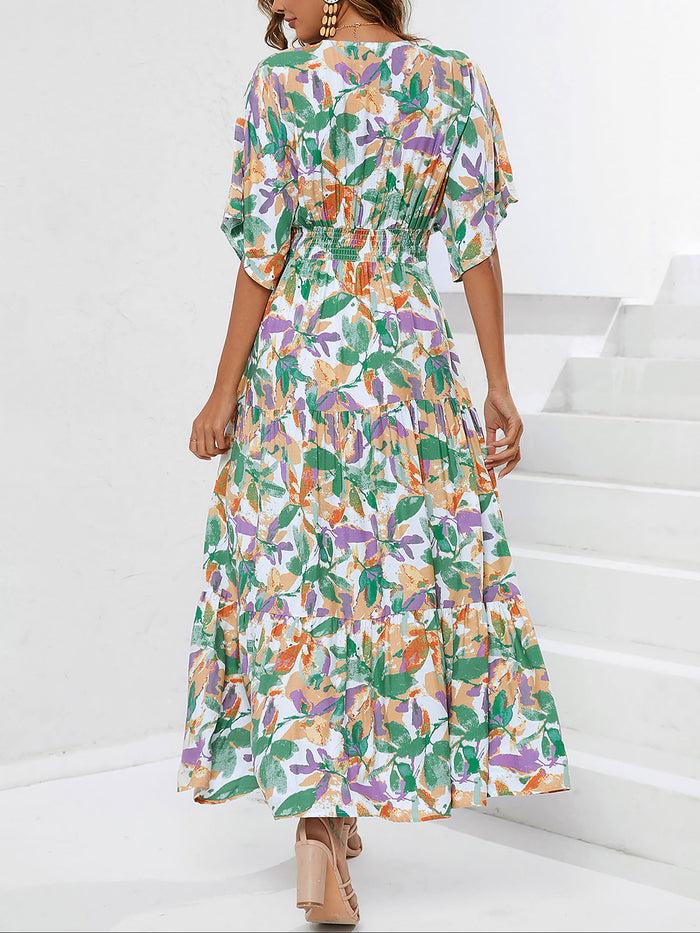 Allegra K Floral V Neck Bat Sleeves Tiered Maxi Dress