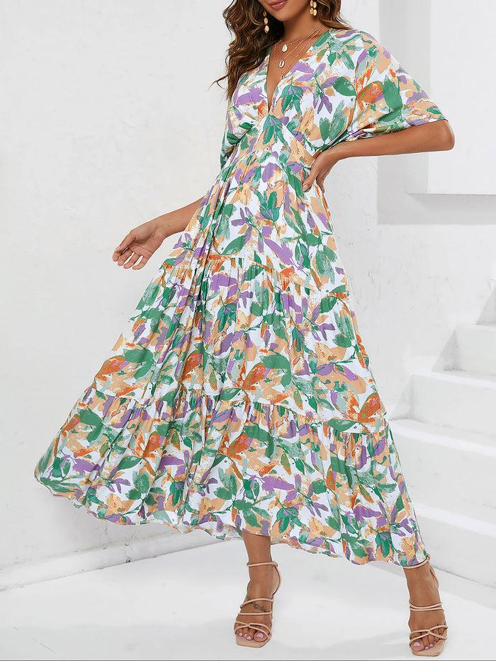 allegra k Floral V Neck Bat Sleeves Tiered Maxi Dress