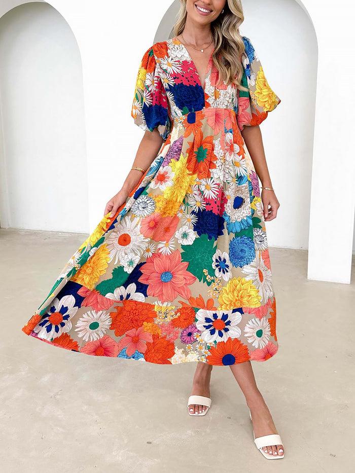 Allegra K Floral V Neck Puff Sleeves Pleated Smocked A-Line Midi Dress