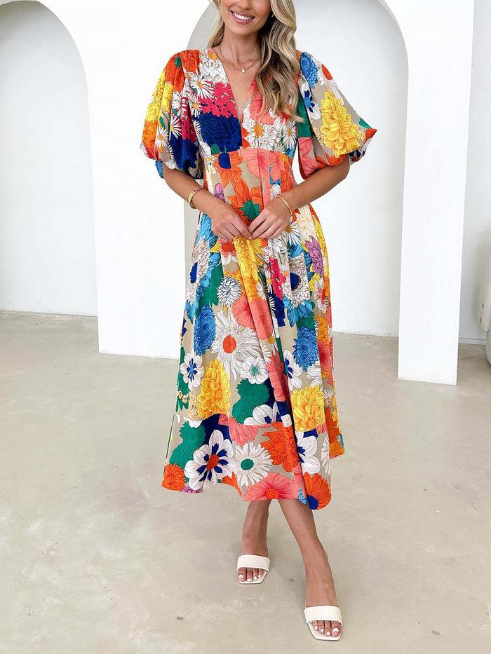 Allegra K Floral V Neck Puff Sleeves Pleated Smocked A-Line Midi Dress
