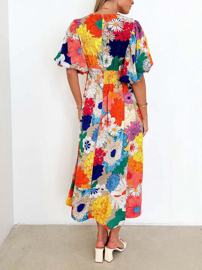 Allegra K Floral V Neck Puff Sleeves Pleated Smocked A-Line Midi Dress