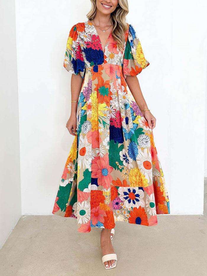 allegra k Floral V Neck Puff Sleeves Pleated Smocked A-Line Midi Dress