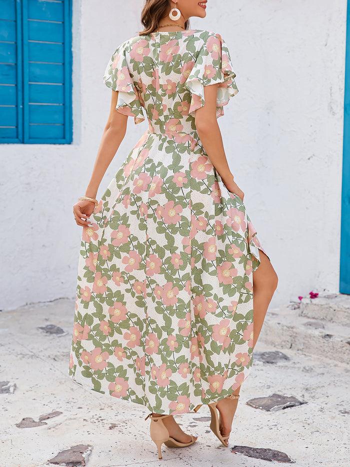 Allegra K Floral V Neck Ruffled Short Sleeves Slit Maxi Dress