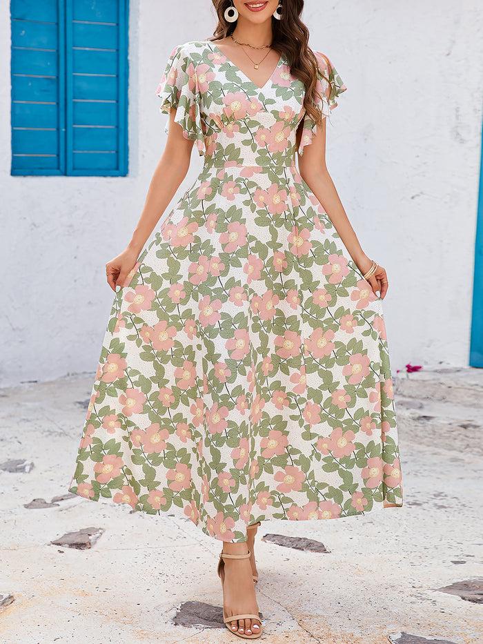 Allegra K Floral V Neck Ruffled Short Sleeves Slit Maxi Dress