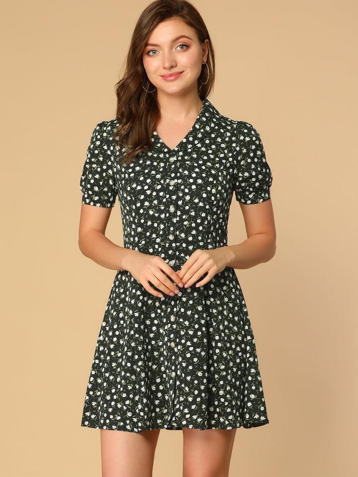 Allegra K Floral V Neck Short Sleeve Button Front Summer Shirt Dress