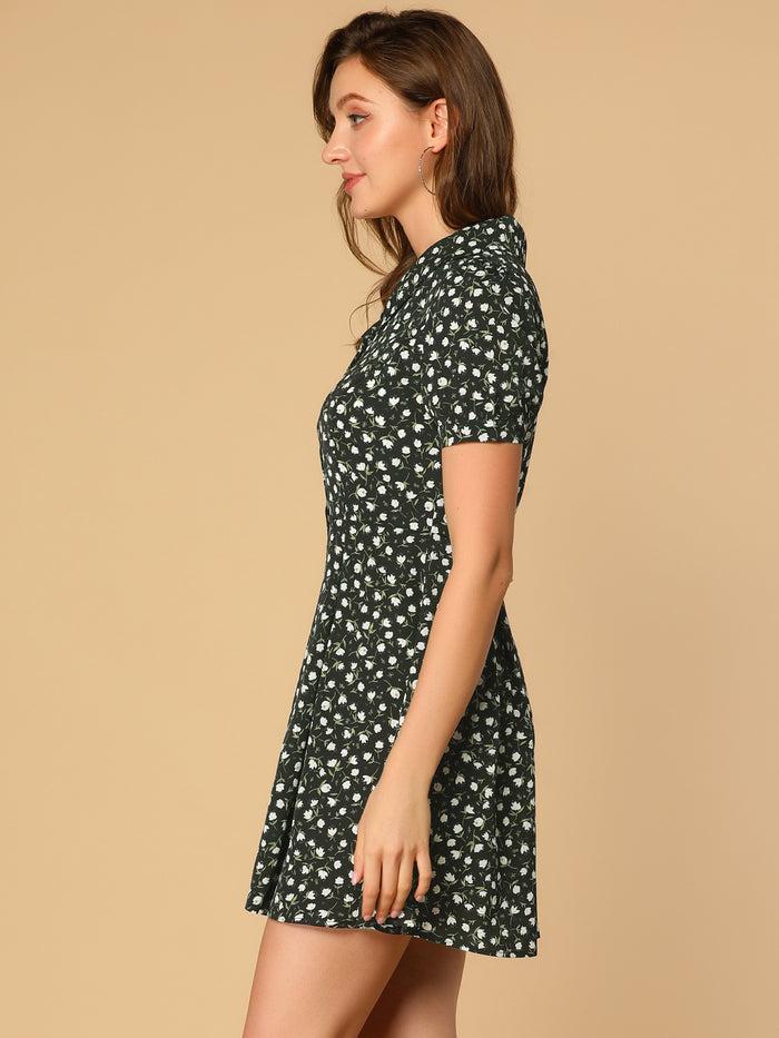Allegra K Floral V Neck Short Sleeve Button Front Summer Shirt Dress