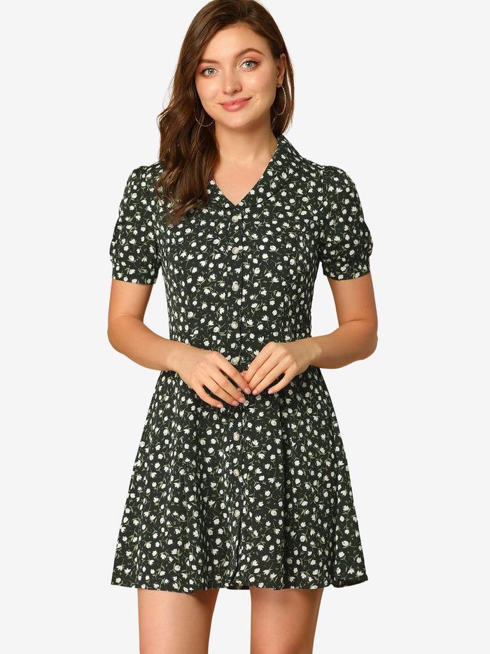 allegra k Floral V Neck Short Sleeve Button Front Summer Shirt Dress