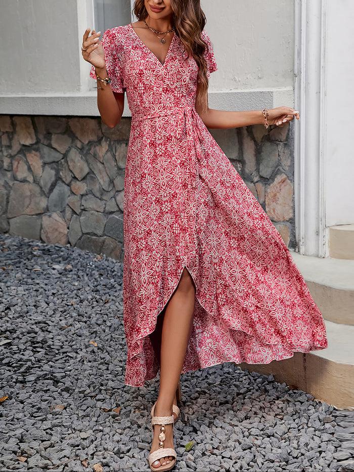 Allegra K Floral V Neck Short Sleeves Maxi Wrap Dress
