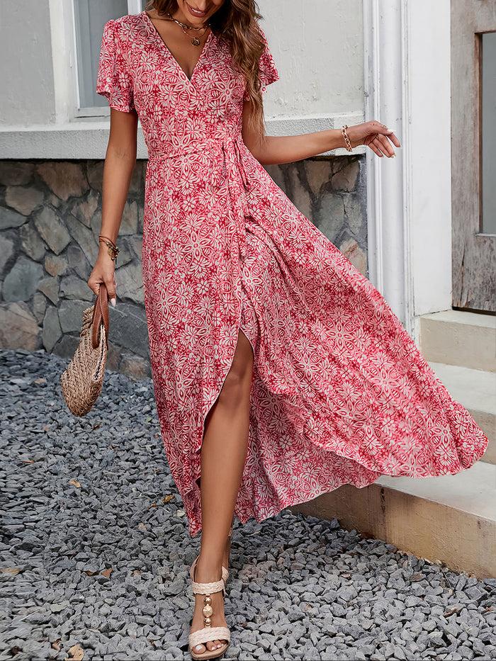 allegra k Floral V Neck Short Sleeves Maxi Wrap Dress