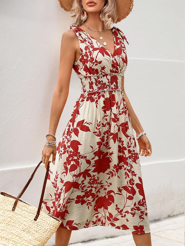 Allegra K Floral V Neck Sleeveless Smocked Midi Dress