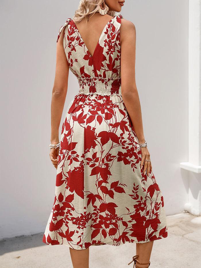 Allegra K Floral V Neck Sleeveless Smocked Midi Dress