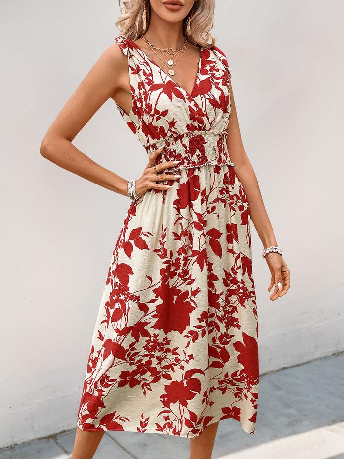 allegra k Floral V Neck Sleeveless Smocked Midi Dress