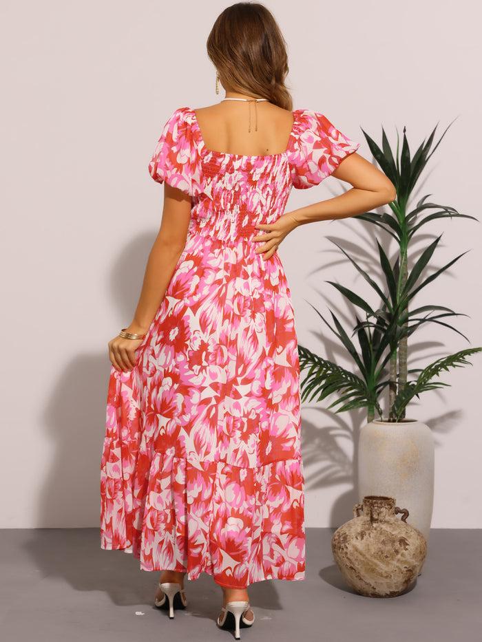 Allegra K FloralSmocked Back Puff Sleeves Maxi Dress