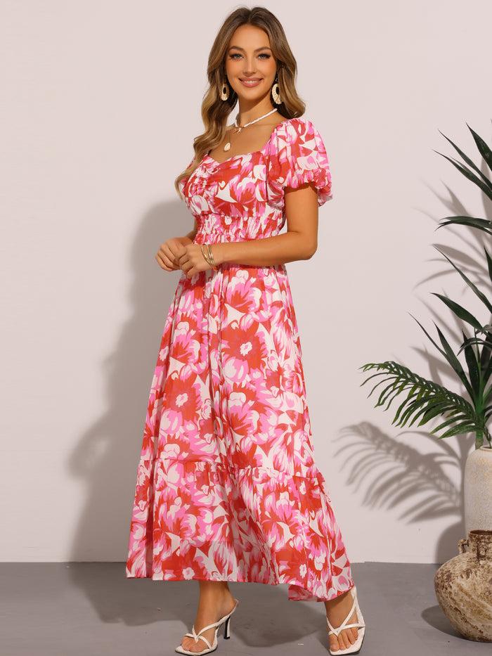 Allegra K FloralSmocked Back Puff Sleeves Maxi Dress