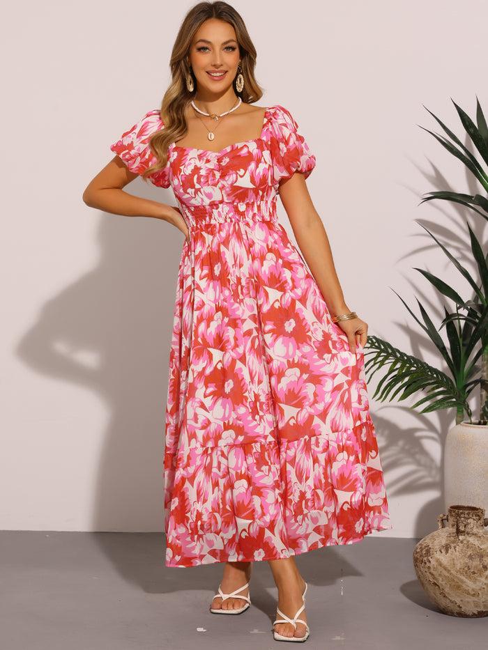 allegra k FloralSmocked Back Puff Sleeves Maxi Dress
