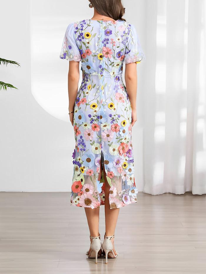 Allegra K Flower Embroidered Puff Sleeves Midi Sheath Dress