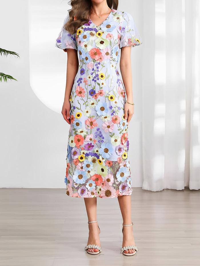 Allegra K Flower Embroidered Puff Sleeves Midi Sheath Dress