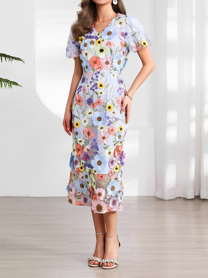 Allegra K Flower Embroidered Puff Sleeves Midi Sheath Dress