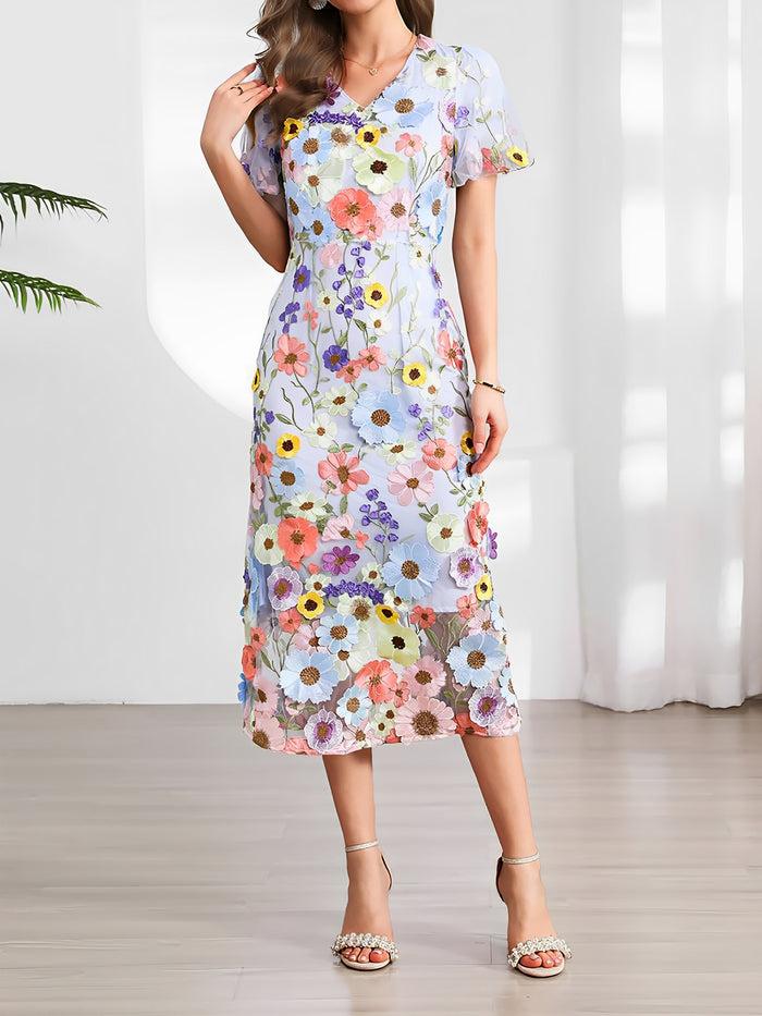 allegra k Flower Embroidered Puff Sleeves Midi Sheath Dress