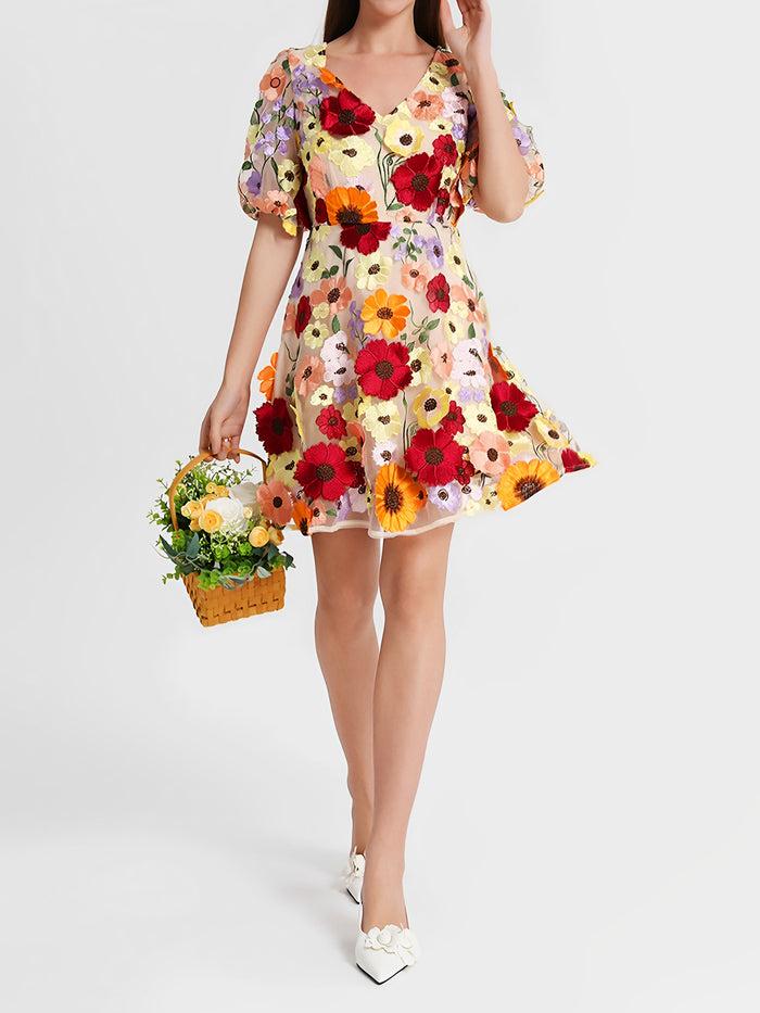 Allegra K Flower Embroidered Puff Sleeves Mini A-Line Dress