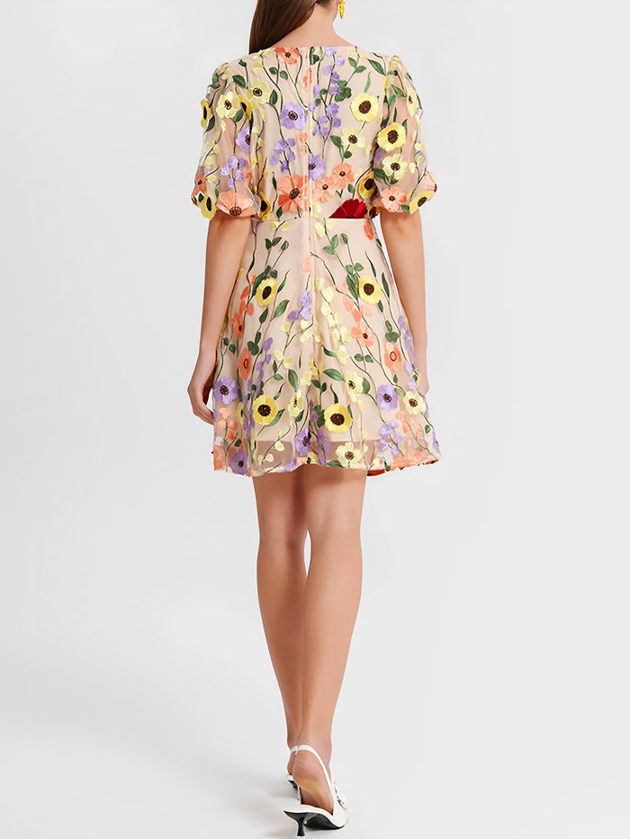 Allegra K Flower Embroidered Puff Sleeves Mini A-Line Dress