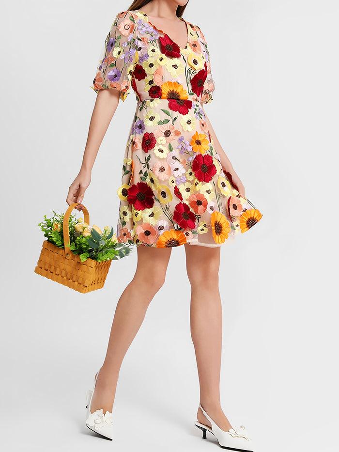 Allegra K Flower Embroidered Puff Sleeves Mini A-Line Dress