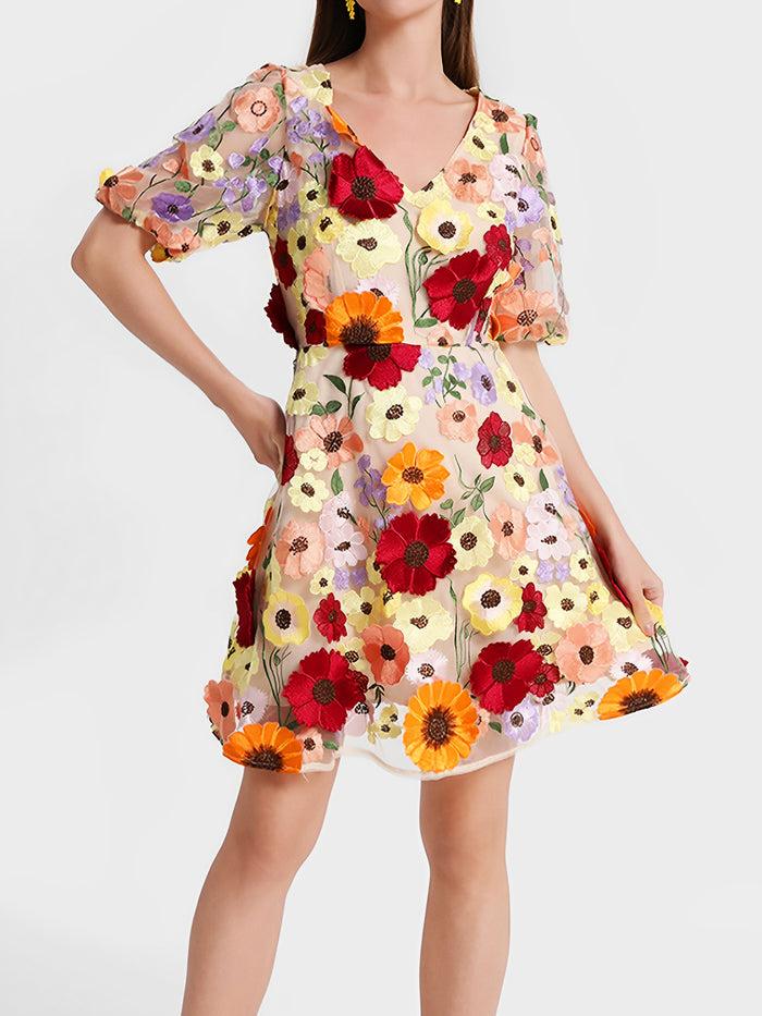 allegra k Flower Embroidered Puff Sleeves Mini A-Line Dress
