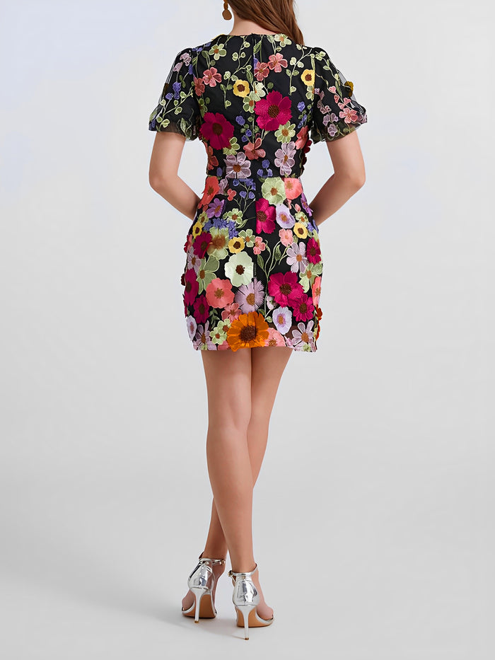 Allegra K Flower Embroidered Puff Sleeves Mini Sheath Dress