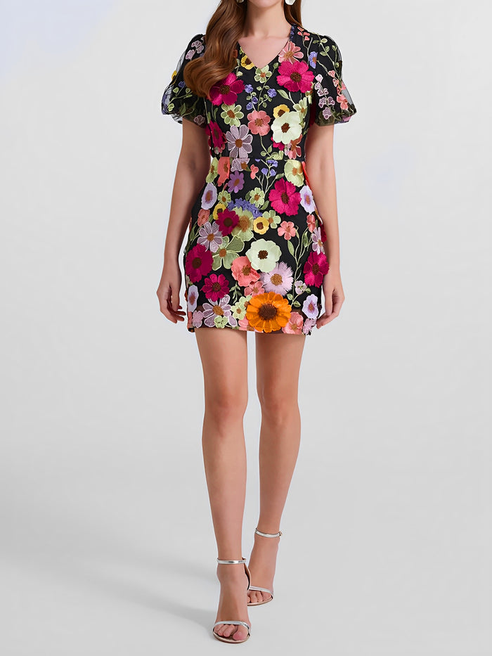allegra k Flower Embroidered Puff Sleeves Mini Sheath Dress