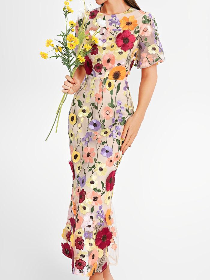 Allegra K Flower Embroidery Short Sleeve Bodycon Fishtail Dress