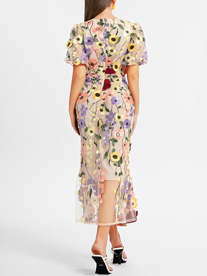 Allegra K Flower Embroidery Short Sleeve Bodycon Fishtail Dress