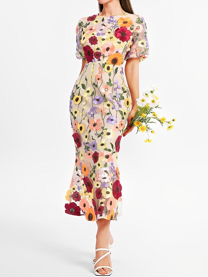 Allegra K Flower Embroidery Short Sleeve Bodycon Fishtail Dress