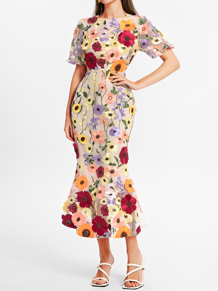 allegra k Flower Embroidery Short Sleeve Bodycon Fishtail Dress