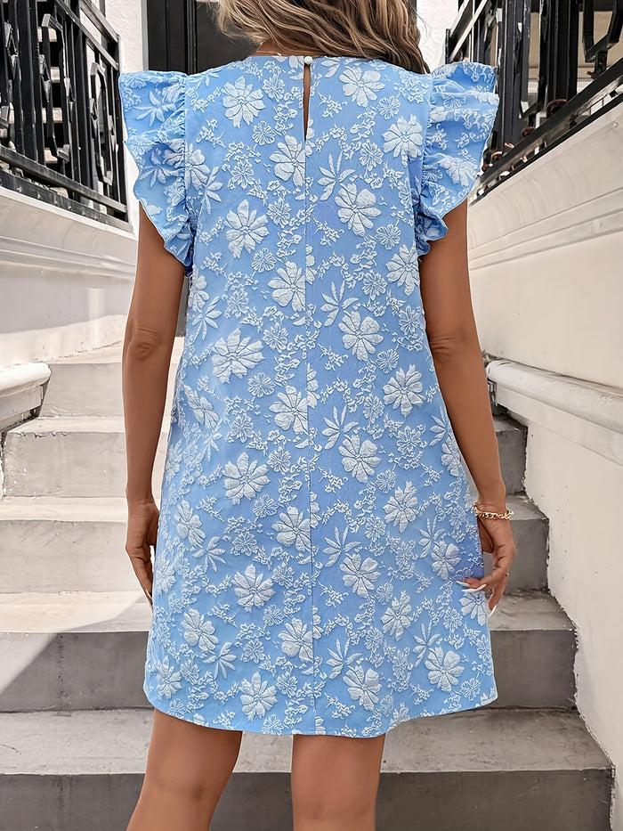 Allegra K Flower Textured Ruffled Short Sleeves Mini Dress