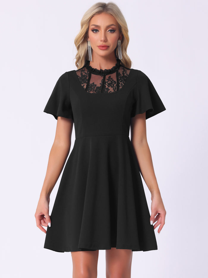 allegra k Flutter Sleeve Lace Mesh Hight Neck Casual Midi Dress