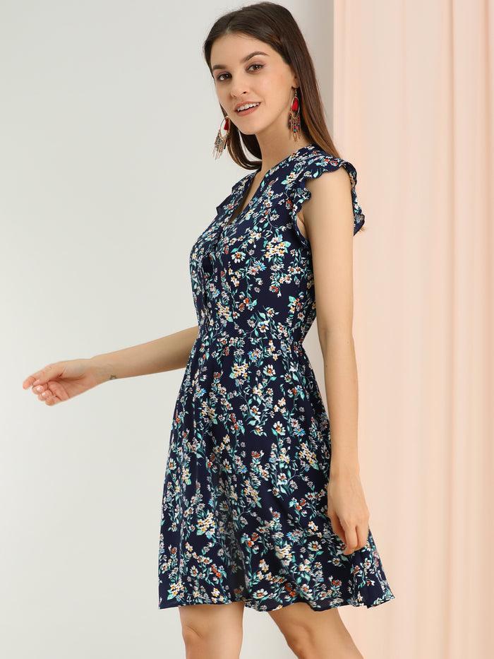 Allegra K Flutter Sleeve Ruffle A-Line Flowy Chiffon Dress