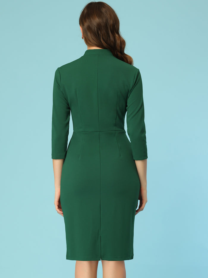 Allegra K Front Tie Neck 3/4 Sleeve Work Bodycon Sheath Dress