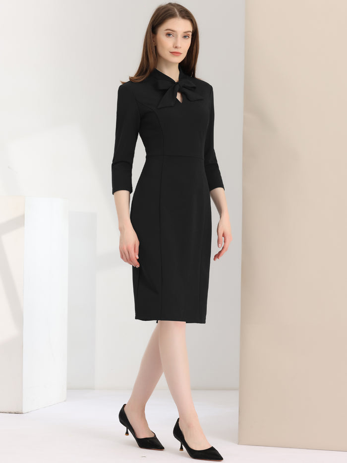Allegra K Front Tie Neck 3/4 Sleeve Work Bodycon Sheath Dress