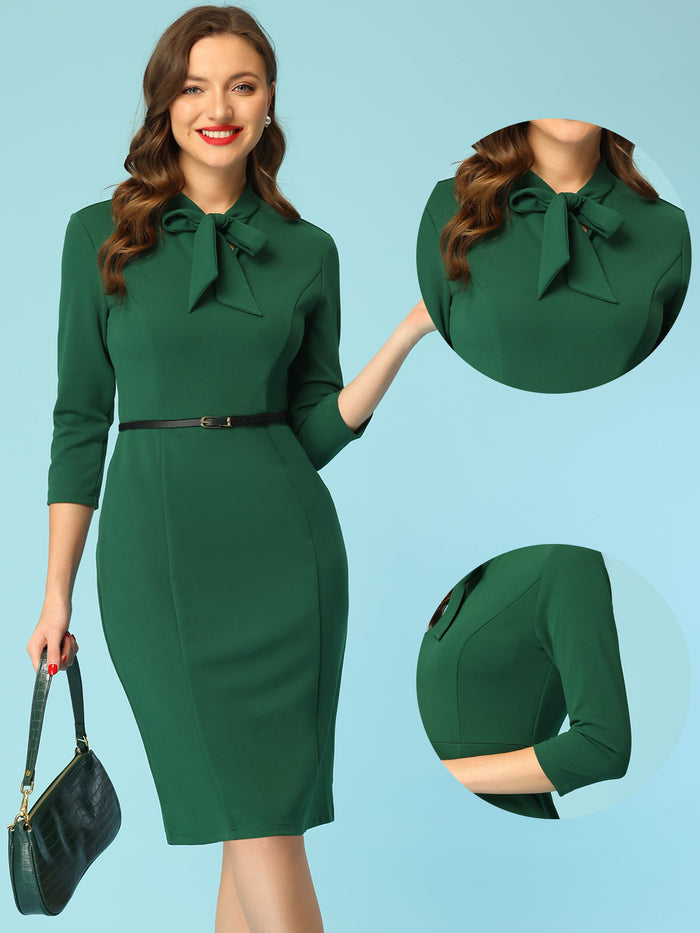 allegra k Front Tie Neck 3/4 Sleeve Work Bodycon Sheath Dress