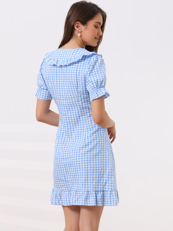Allegra K Gingham Checks Ruffled Peter Pan Collar 1960s Vintage Mini Dress