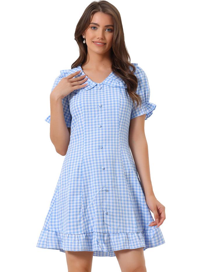 Allegra K Gingham Checks Ruffled Peter Pan Collar 1960s Vintage Mini Dress