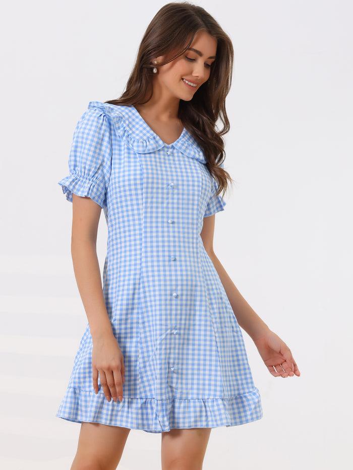 allegra k Gingham Checks Ruffled Peter Pan Collar 1960s Vintage Mini Dress
