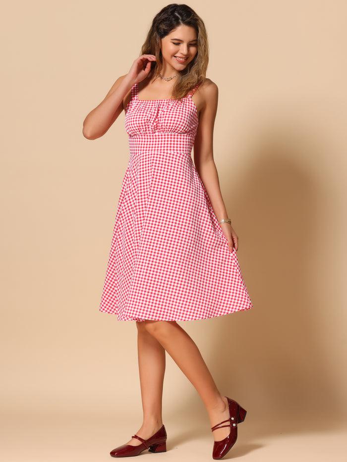 Allegra K Gingham Ruched Smocked A-Line Flowy Midi Dress Sundress