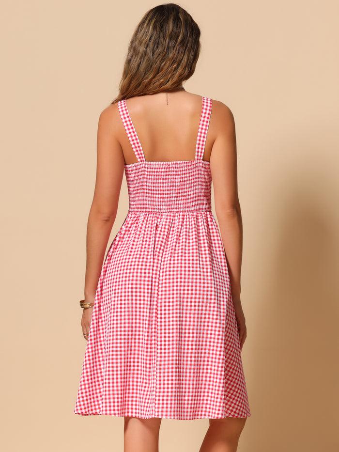 Allegra K Gingham Ruched Smocked A-Line Flowy Midi Dress Sundress