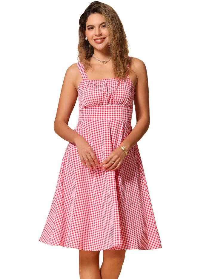 Allegra K Gingham Ruched Smocked A-Line Flowy Midi Dress Sundress