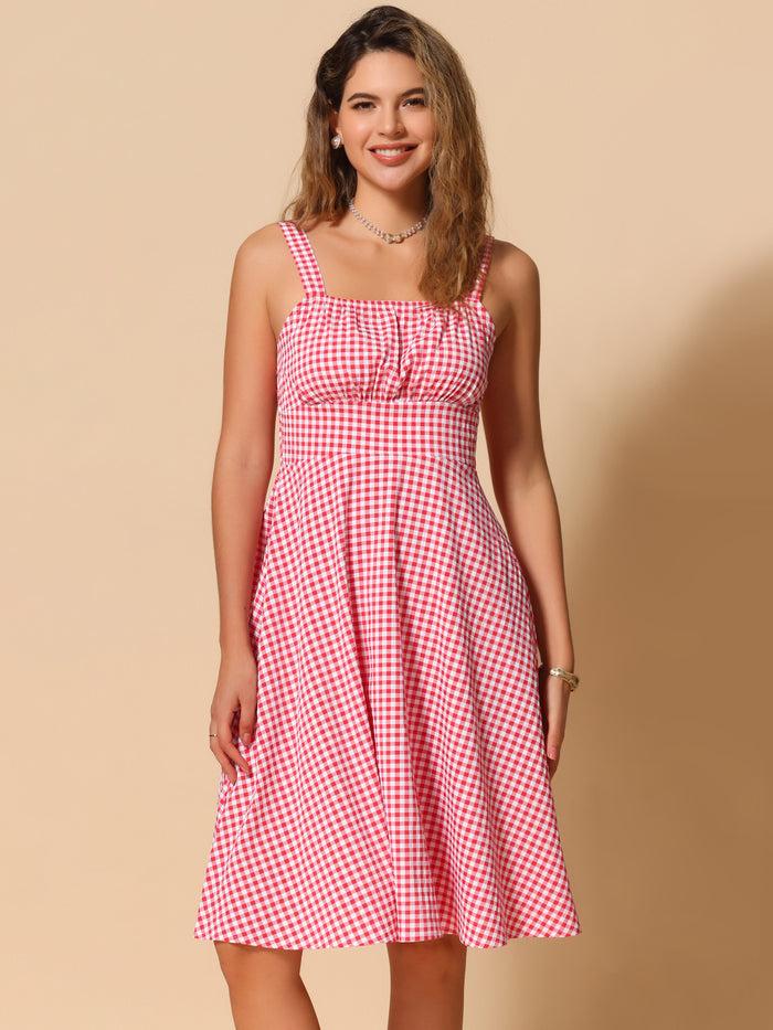 allegra k Gingham Ruched Smocked A-Line Flowy Midi Dress Sundress